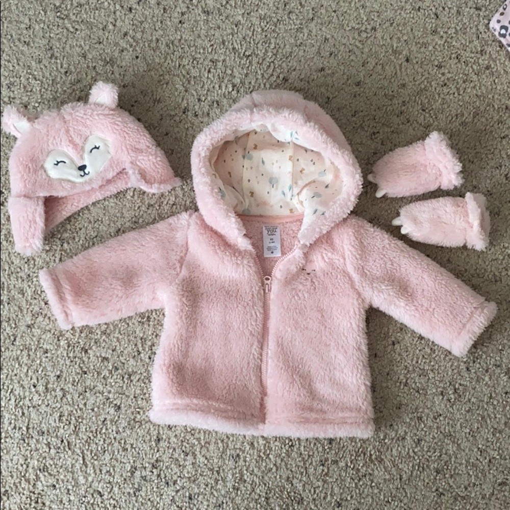 Baby fleece coat, hat and mittens